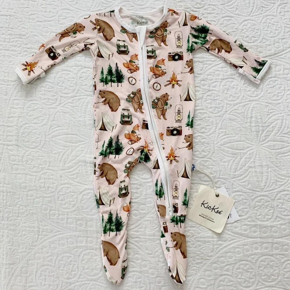 KICKEE Zipper Footie Pajamas, Latte Camping Animals‎ (3-6 Months)